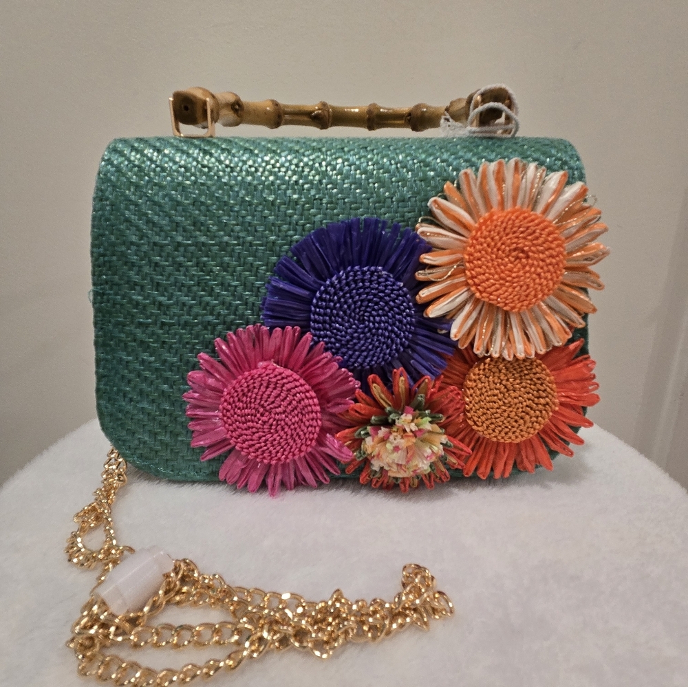 Haute Hippie Floral Straw Embellished Green Handbag